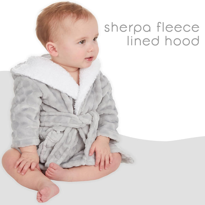 Baby Girls Boys Grey Circle Textured Fleece Robe Hooded Dressing Gown with Sherpa Fleece Size 0-12 Months