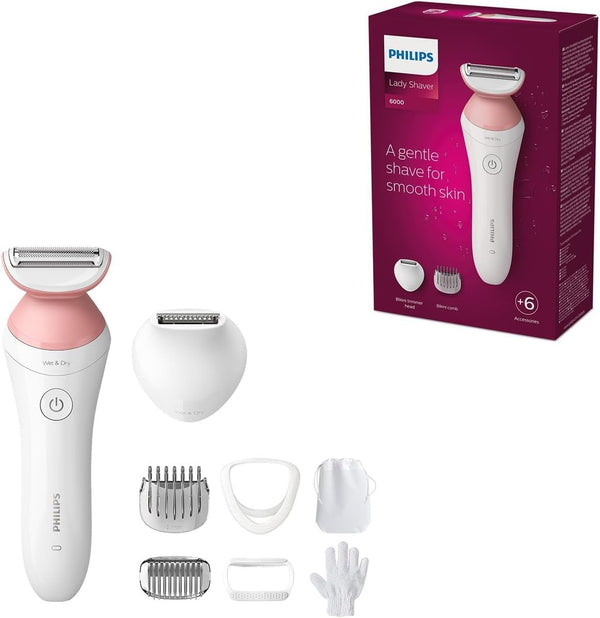 Lady Shaver Series 6000 Wireless Razor with 6 Accessories Body Exfoliating Glove Bikini Zone Trimmer (Model BRL146/00), White/Pink