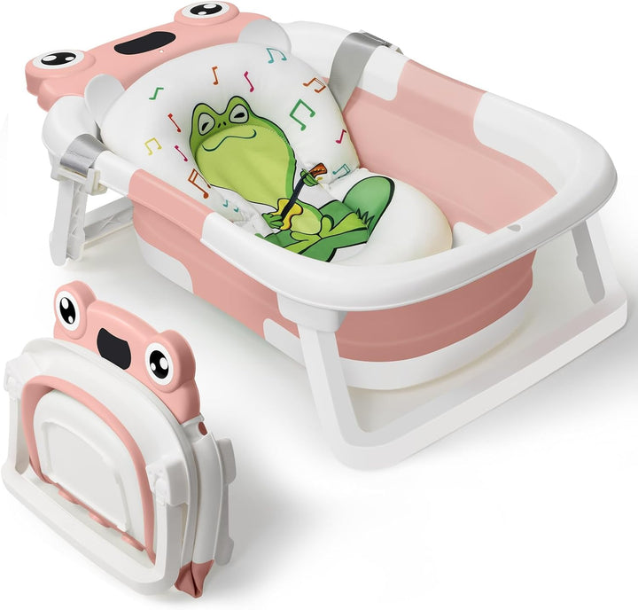 Baby Bath Tub for 0-6-12 Months Newborn, Foldable Toddler Bath with Soft Cushion Pad, Portable Baby Bathtub Travel save Space (Grey)