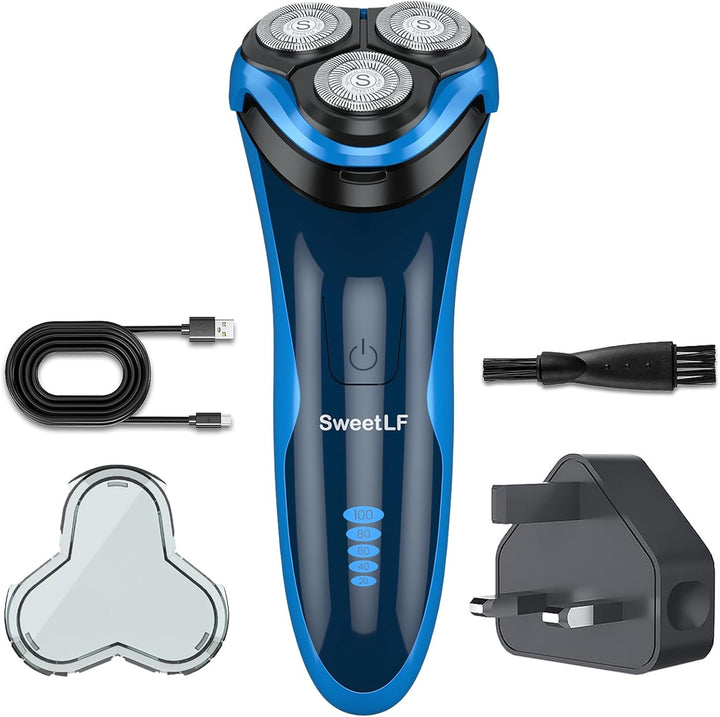 Electric Razor for Men, 120 Min Shaving, Fast UK Adapter (1H Charging),100% Waterproof, Wet & Dry Rotary Shavers for Men with Pop-Up Trimmer, LED Display, Dark Blue