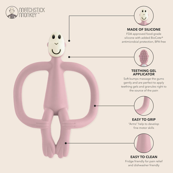 , Original Teether & Gel Applicator, Antimicrobial Silicone Teething Toys for Baby, Easy to Grip, BPA Free, 3 Months Old+, 10.5 Cm, Dusty Pink Monkey