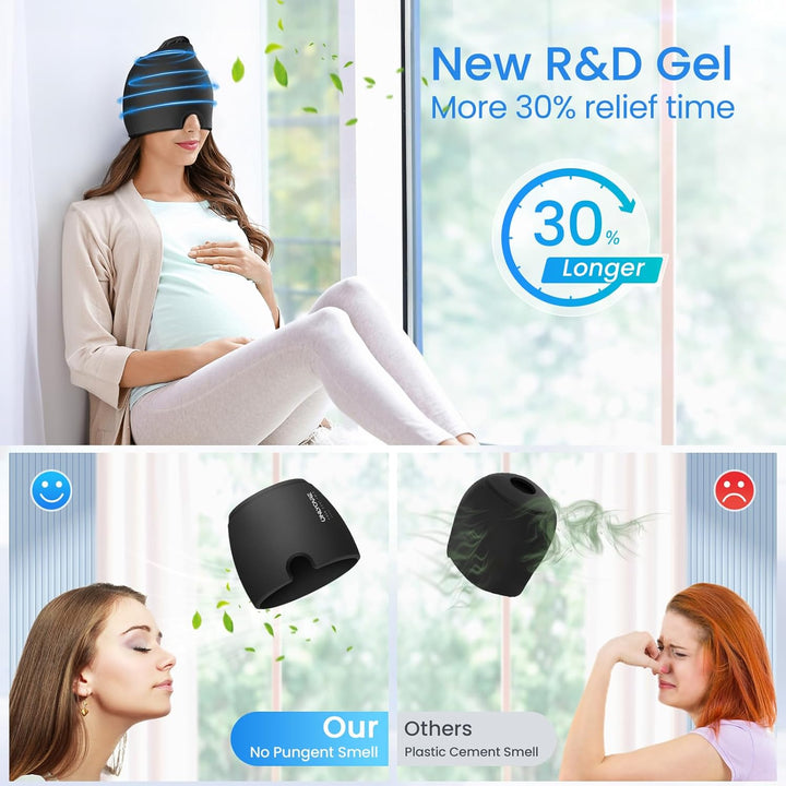 Migraine Relief Cap, Upgraded Odorless Headache Relief Cap, 360° Gel Surround Ice Pack Mask for Migraine, Sinus, Stress, Frontal Headaches (Black)