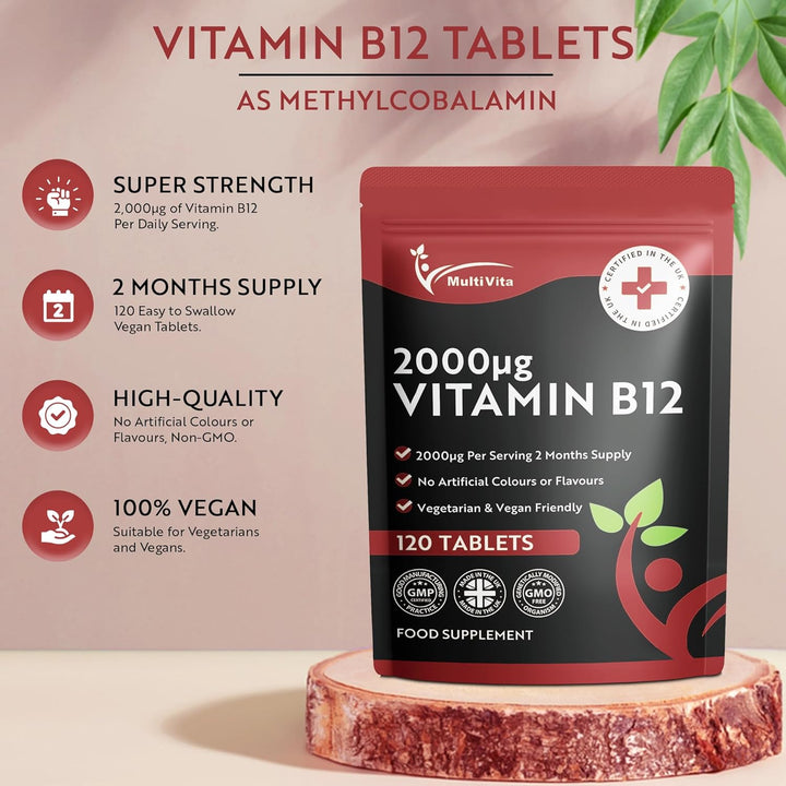 Vitamin B12 Tablets 2000Mcg – High Strength Methylcobalamin Form – 120 Vegan Tablets Not Capsules, 2 Months Supply – Bioavailable & Easy to Swallow – UK Made Non-Gmo, Gluten-Free, Dairy-Free