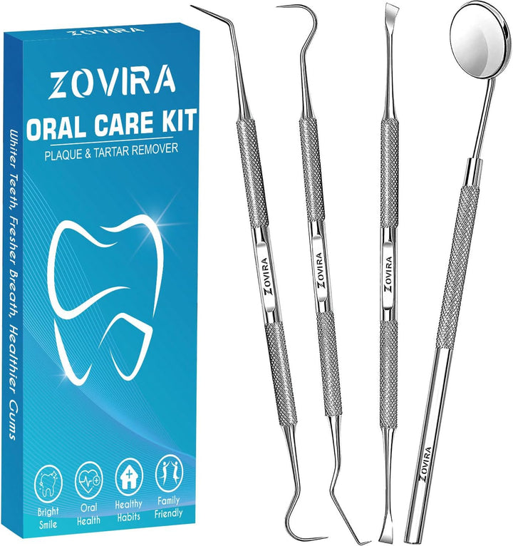 Plaque Remover for Teeth 4Pc Tooth Cleaning Kit with Tartar and Calculus Removal Dental Care Set Stainless Steel Dentist Tools for Personal and Home Use