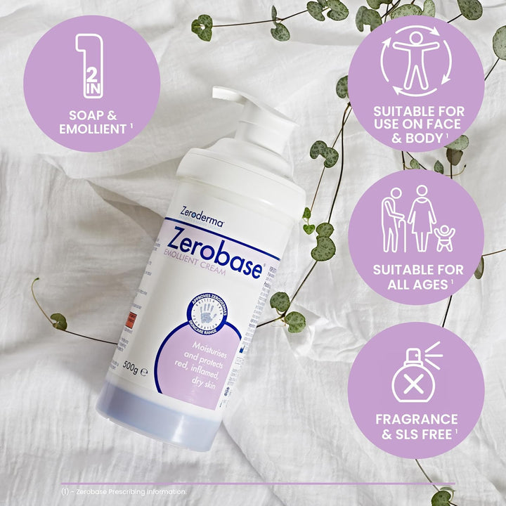 Zerobase Emollient Cream 2-In-1 Moisturiser & Soap Substitute, for Dry & Eczema-Prone Skin, Restores Skin Barrier, 21 Percent W/W Paraffins, 500G
