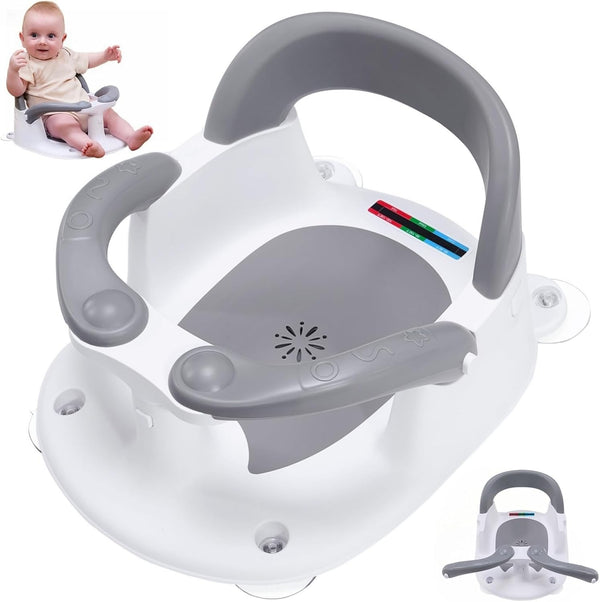 Baby Bath Seat 6 Months Plus,Sit up Bath Seat with Temperature Alert,Baby Bath Chair for Babies 6 Months+,Baby Bath Support Toddler Bath Tub Seat with Open Backrest+4 Suction Cup Grey