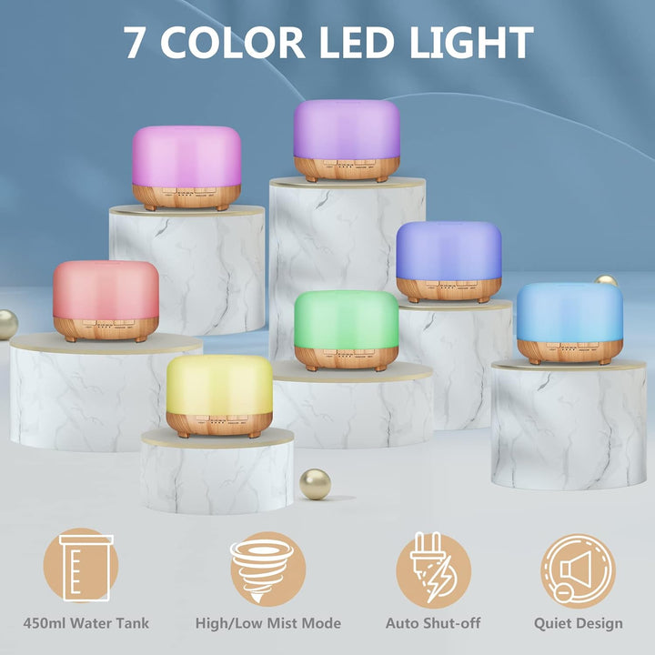 Essential Oil Diffuser 450Ml, Electric Aroma Ultrasonic Aromatherapy Fragrant Oil Vaporizer Humidifier, Purifies the Air, Timer and Auto-Off Safety Switch, 7 LED Light Colors (Light Brown)