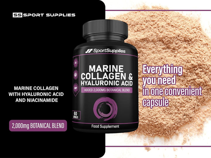 Collagen Supplements for Women-100% Marine Collagen Boosted with Hyaluronic Acid, Vitamin C, Niacinamide & 2,000Mg Botanical Blend Including Lions Mane, Ashwagandha, Maca and Psyllium Husk-60 Capsules