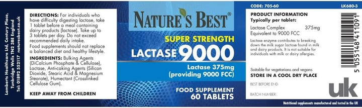 Super Strength Lactase Tablets 9000 FCC Enzyme Units - Max Strength Digestive Enzyme - UK Made - 60 Tablets (1 Month'S Supply)