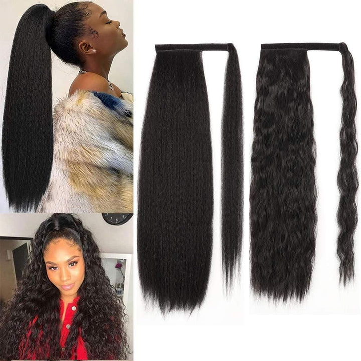 Long Wavy Ponytail Hair Extension for Black Women Drawstring Ponytail Hair Extensions Clip in Black Curly Synthetic Hairpiece