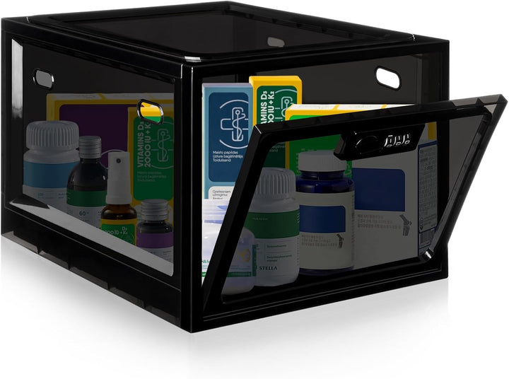 Lockable Medicine Box with Code, 12.6L Large Lockable Storage Box for Medication, Snacks, Phone, and Electronics - Bpa-Free, Clear Design with Charger Holes for Home, Office, Dorm, and Fridge