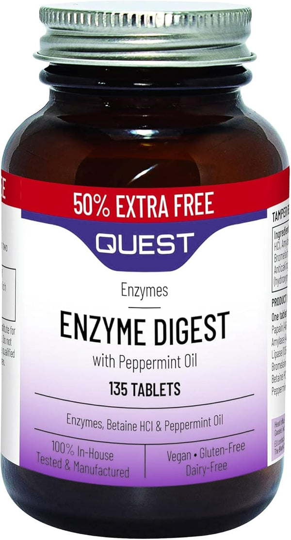 Enzyme Digest with Peppermint Oil & Betaine. 90+45 Vegan Tablets for Bloated Stomach and Indigestion. Dairy & Gluten Free Enzymes Digestion Supplement for Bloating and Heartburn Relief (1 Pack)