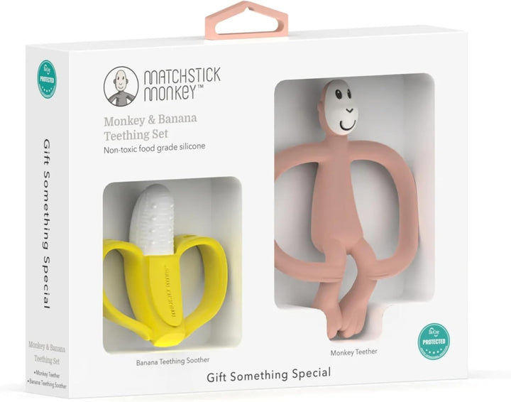 , Antimicrobial Teething Gift Set - 1 Banana Shaped Soother and 1 Animal Teether, 3 Months Old+, Banana & Monkey