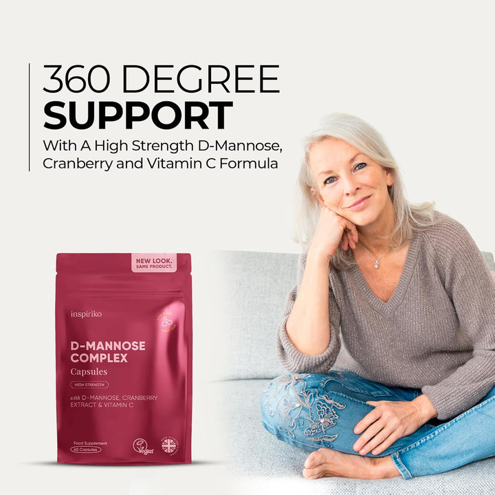 D Mannose 1000Mg Tablets Complex - 3-In-1 D-Mannose Capsules with High-Strength Cranberry Extract & Vitamin C. 60 Capsules. Made in UK