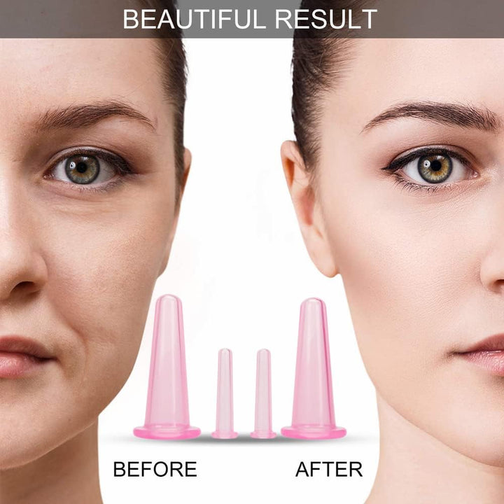4 Pcs Silicone Facial Cupping Therapy Set Vacuum Massage Cup Kit Body Cupping Cup Set for Face Neck Back Eyes Massage Vacuum Cans Suction anti Cellulite Massager Health Care (Pink)