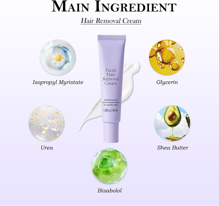 Facial Hair Removal Cream for Women, Ladies Body and Face Hair Remover Cream for Sensitive Skin, Upper Lip, Chin & Cheeks + Calming Serum, 8-Minute Fast Acting Gentle Painless Depilatory Creams Kit
