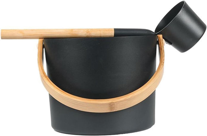 Sauna Bucket and Ladle Set - 7L Luxurious Finnish Sauna Aluminum Bucket with Long Handle Spoon Set, Portable Bucket with Long Handle Ladle Cedar, Matching Ladle Sauna Barrel Bath Accessories (Black)