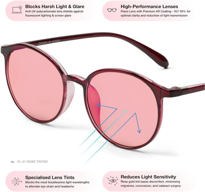 Migraine anti Blue FL-41 Rose Indoor & FL-60 Brown Outdoor Glasses for Light Sensitivity, LED Fluorescent Lighting Glare & Photophobia