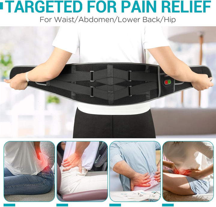 Cordless Back Heat Pad with Massager for Pain Relief, Portable Heated Warmer with Dual Adjustable Straps, Waist Belt for Period, Lower Back Massager, 3 Heating Levels with 30Mins Auto-Off