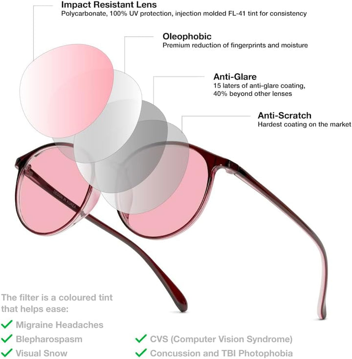 Migraine anti Blue FL-41 Rose Indoor & FL-60 Brown Outdoor Glasses for Light Sensitivity, LED Fluorescent Lighting Glare & Photophobia