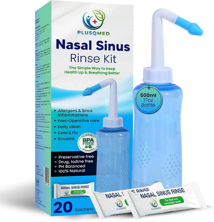 Nasal Rinse Kit – 300Ml Bottle + 20 Saline Packets – Neti Pot for Sinus Relief & Nasal Hygiene – PH Balanced, Drug-Free, Preservative-Free – Suitable for Adults & Children 5+