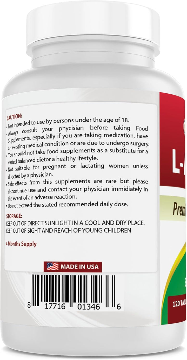 L-Arginine 1000 Mg 120 Tablets - Pharmaceutical Grade L Arginine Supplement Promotes Nitric Oxide Synthesis