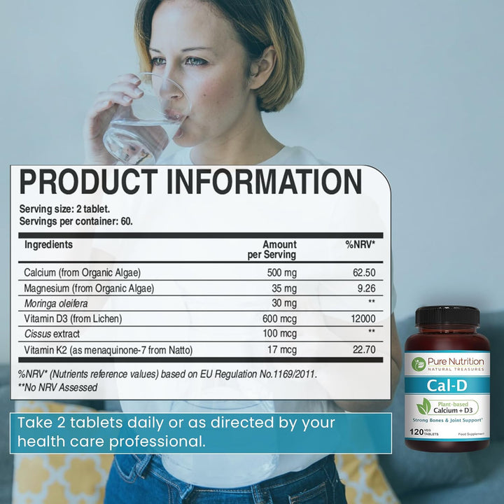 Pure Nutrition Cal D - Plant Based Calcium with VIT D3 K2 & Magnesium | 120 Tabs | 500Mg Vegan Calcium per Serving | Supplement for Bone Health