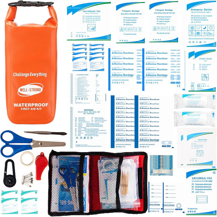 Waterproof First Aid Kit Roll Top Boat Emergency Kit with Waterproof Contents for Fishing Kayaking Boating Swimming Camping Rafting Beach Orange