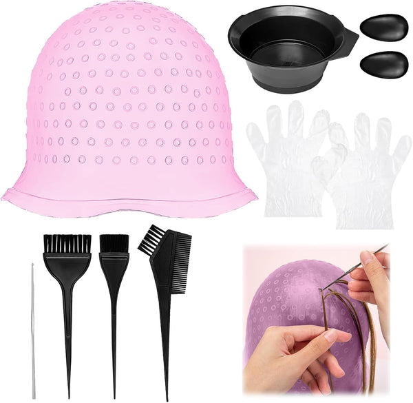 Hair Highlight Cap Set, Wiederverwendbare Silikon-Haarkappe Für Strähnchen, Komplettes Set Mit Pinsel Und 2 Handschuhen, Einfache Anwendung Für DIY Strähnchen Zuhause Oder Im Salon