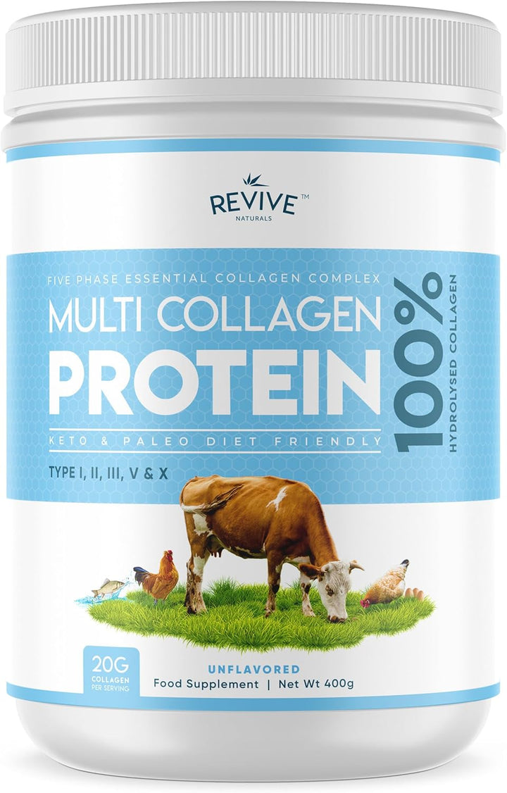 Multi Collagen Protein Powder 400G - Types I, II, III, V & X - Hydrolyzed Grass Fed Bovine, Wild Caught Fish, & Free-Range Chicken & Eggshell Collagen (1 Month Supply) by