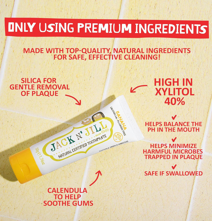 Jack N’ Jill Natural Certified Kids Toothpaste – Fluoride-Free Toddler & Baby Toothpaste with 40% Xylitol, No Sugar, Suitable from 6 Months+, Banana & Strawberry Flavour, Pack of 2 (50G Each)