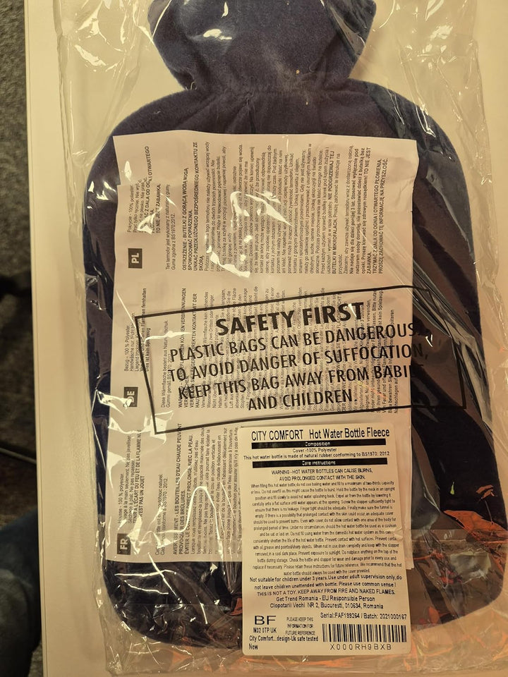 Hot Water Bottle with Soft Fleece Cover - Natural Rubber 2 Litre - British Design - UK Safe Tested