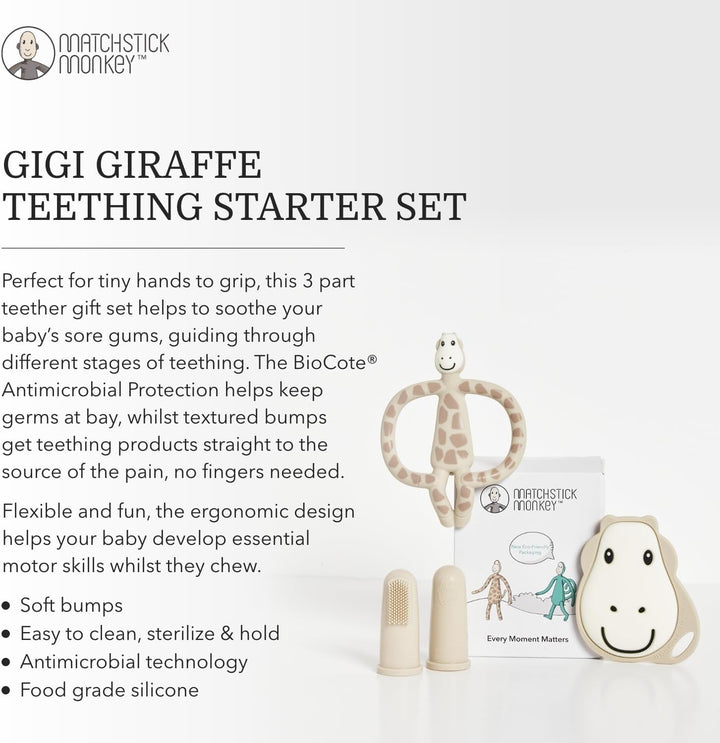 , Antimicrobial Teething Starter Set - 1 Flat Face Teether, 1 Animal Teether, 2 Silicone Finger Toothbrushes, 3 Months Old+, Gigi Giraffe