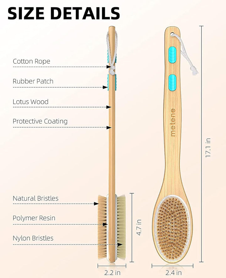 Back Scrubber for Shower, Shower Brush for Exfoliating Skin and a Soft Scrub, Double-Sided Body Brush Head for Wet or Dry Brushing, Long Wooden Handle Cleans the Body Easily