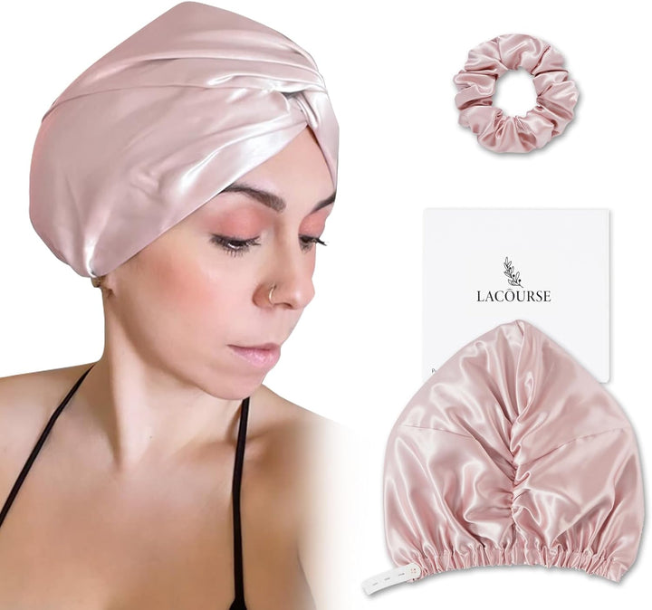 100% Genuine 22Momme Silk Bonnet for Sleeping, Double-Layered Mulberry Silk Hair Wrap with Premium Elastic Stay on Head. (One Size, Pink)