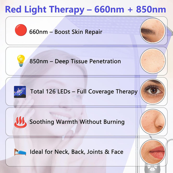 Tanning Lamp, 126 Blue Leds, 360° Rotating Head, Adjustable Height 65–186Cm, Timer & Goggles, Face Tanning Lamp with 3 Wavelengths: 660Nm+850Nm / 660Nm / 850Nm – for Home Use