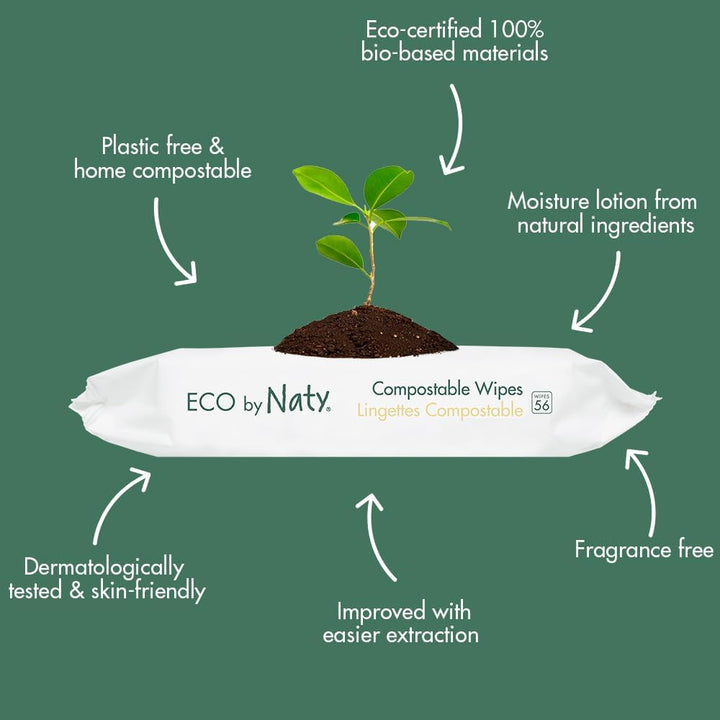 Naty Compostable Baby Wipes – Unscented, 100% Plant-Based, Plastic-Free, Fragrance-Free, Hypoallergenic for Sensitive Skin and Dermatologically Tested (Regular - 168 Count - 3 Packs of 56)