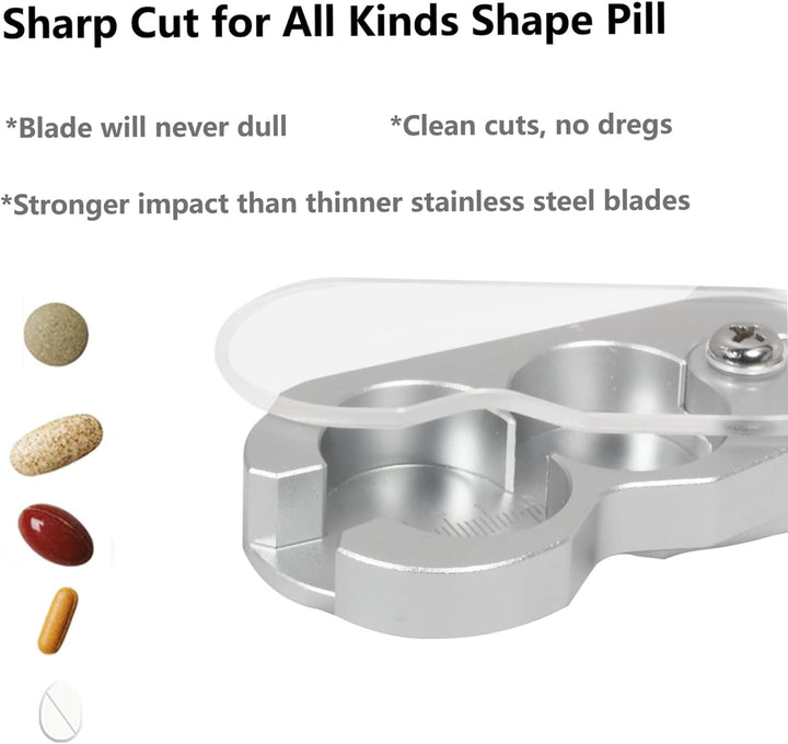 Pill Cutter for Small Pill, 1/2, 1/4, 1/8 Cutting, Metal Pill Cutter with Laser Scale& Transprent Lid, Silver