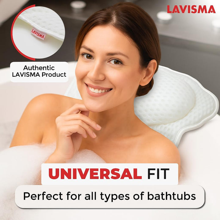 Luxury Bath Pillow for Bathtub - Comfortable Head, Neck & Back Support Spa Pillow - 4D Mesh Cushion with 6 Suction Cups - Fits All Bathtubs, Hot Tubs & Spa Tubs - Quick-Dry Bath Pillow White