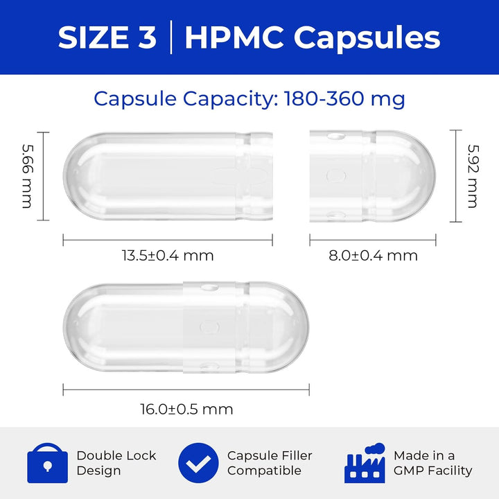 Empty Capsules Size 3 100 Count,Clear Empty Vegan Capsules Kosher,Halal and Non GMO Certified for DIY Supplements.Hypoallergenic Veggie Capsule Empty with 2 Spoons,Adapted to the Capsule Filler