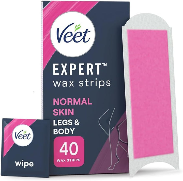 Expert Cold Wax Strips, Legs & Body, Normal Skin, 40 Wax Strips (4 Finish Wipes with Argan Oil), with Shea Butter, Removes Shortest Hair from Root, 28 Days Smoothness