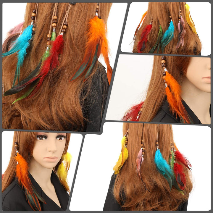 6Pcs Clip in Feather Hair Extension, Feather Extension, Women Halloween Costume Hair Accessories, Bohemian Hippie Hair Clips, Cosplay Native Tribal Feather Braided Beads Headdress
