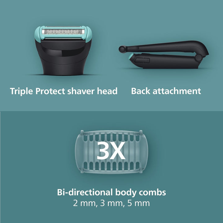 Body Groomer 5000 Series - Trimmer for Men with Triple Protect Shave System, Intimate Trim & Shave, Foldable Back Attachment, 100% Showerproof, 100 Min. Runtime, Model BG5480/15