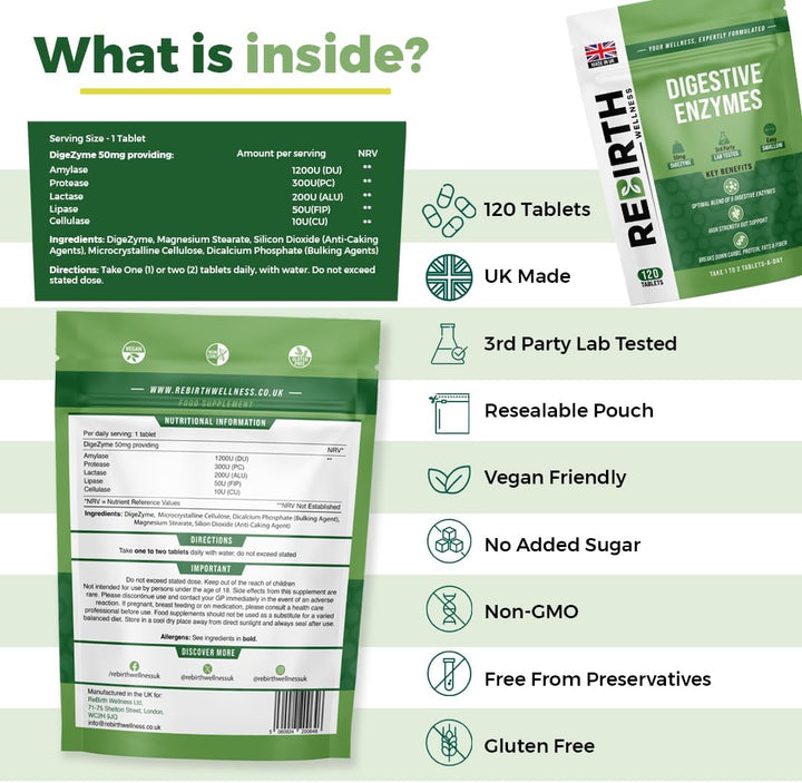 Digestive Enzyme Supplements - 120 Tablets for Optimal Gut Health - Contains Digezyme, Lactase, Protease - Promotes Healthy Digestion, Essential Digestive Enzymes - UK Made, Vegan