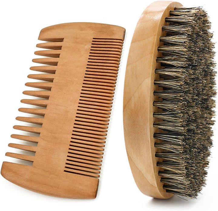 Beard Brush Comb Set for Men, Wooden Boar Bristle Hair Moustache Comb Beard Brush Set for Combing Beard Hair, Removing Debris, Massages Face