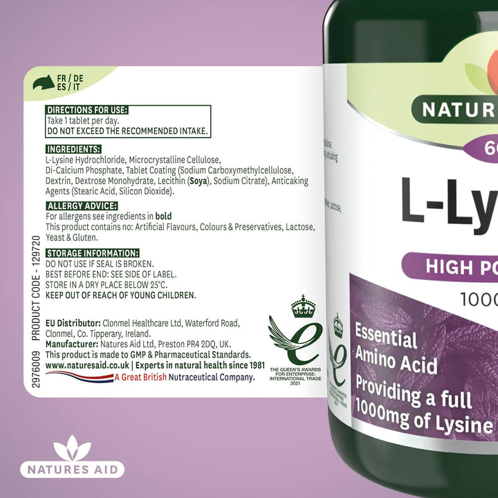 L-Lysine 1000Mg – High Strength Essential Amino Acid – Supports Immune System, Muscle Recovery, Collagen, Bone Health & Energy – Vegan, Gluten-Free - 60 Tablets