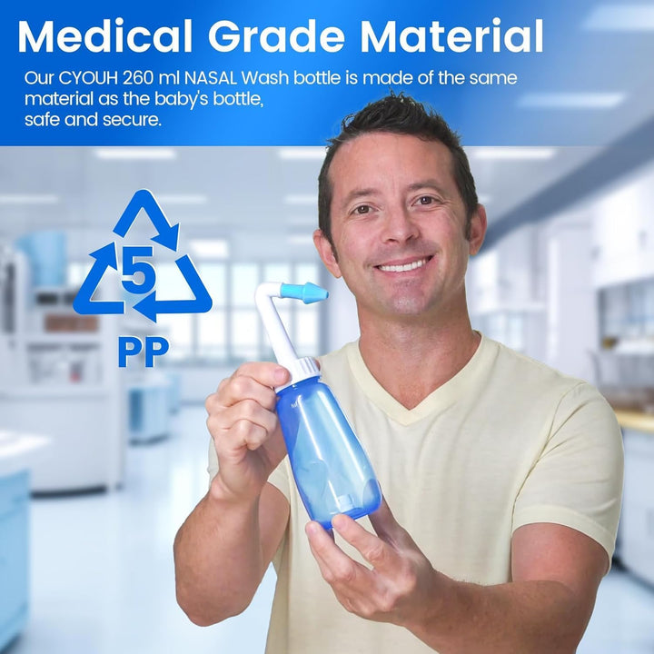Sinus Rinse Kit, Neti Pot 260 Ml, with 60 Packets Nasal Wash Salt, Nasal Wash Nose Rinsing Cleanse Bottle for Adults, Children, and with Allergic Rhinitis(Blue)