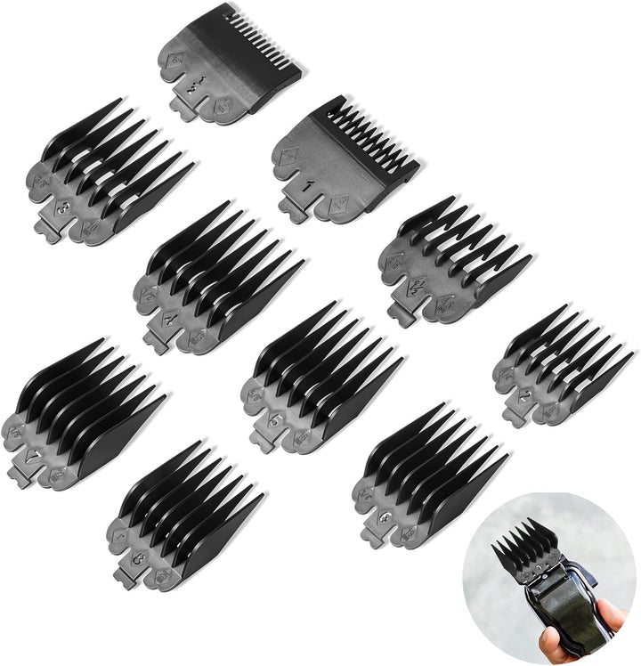 10 Pcs Clipper Guards Set Fits for Most Wahl Clippers and Babyliss FX870, Professional Hair Clipper Combs Guides Replacement, 1/16 to 1 Size Range, Black