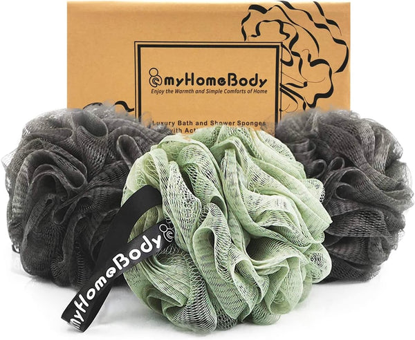 Large 70G Loofah Sponge, Bath Body Scrubber for Women, Men, Exfoliating Shower Pouf with Activated Charcoal - 2 Graphite Gray + 1 Sage Green, 3 Pack