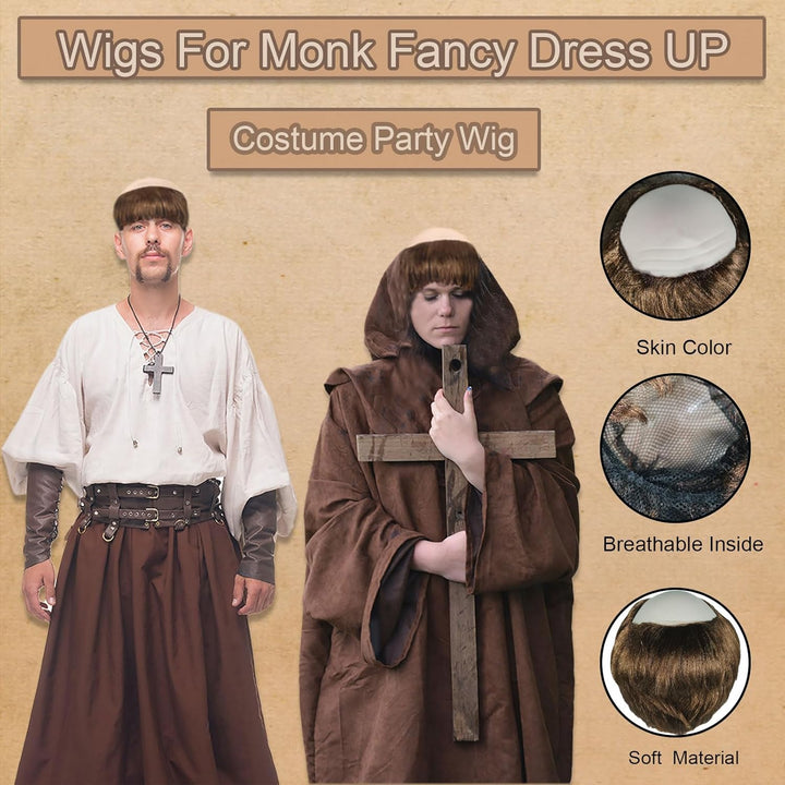 Brown Monk Wig Short Straight Hair, Monk Fancy Dress Bowl Cut Funny Costume Wig Bald Head Cap with Brown Friar Hair Cut, Men'S Party Halloween Old Man Cosplay